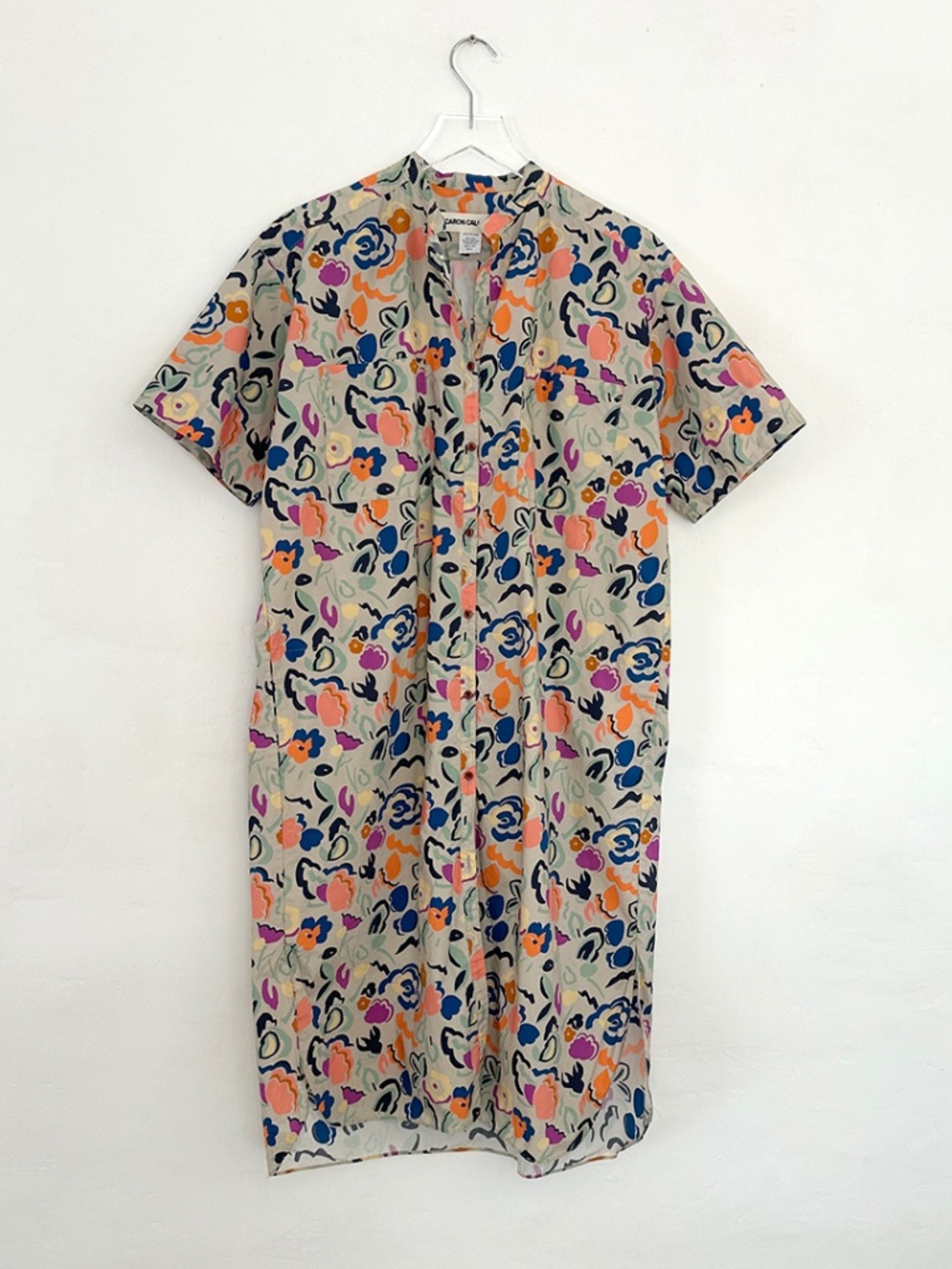 Caron Callahan cotton floral print boxy dress pockets belted S M One Size